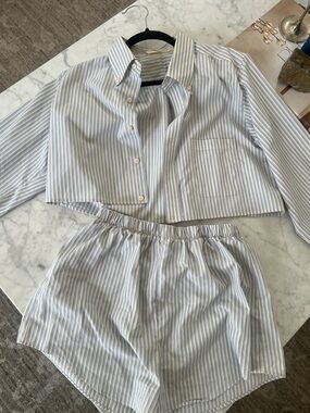 Women's Blue and White Striped Button-Down Top & Shorts Set size S